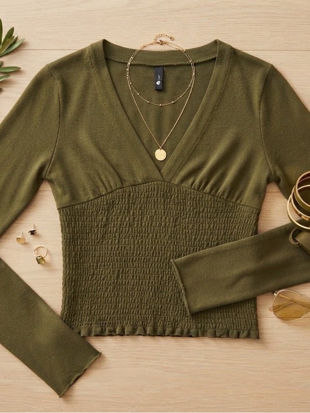 Olive Green Smocked V-Neck Long Sleeve Top